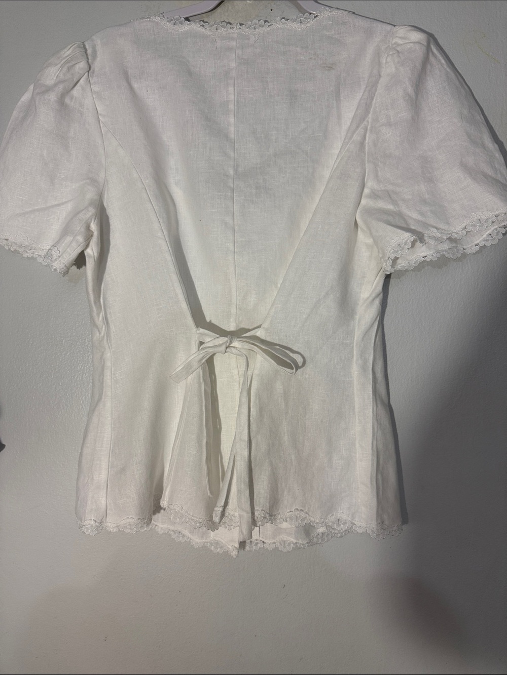 Reformation Annabella top linen White Lace-Trim Puff Sleeve Blouse size 10 - Picture 6 of 9